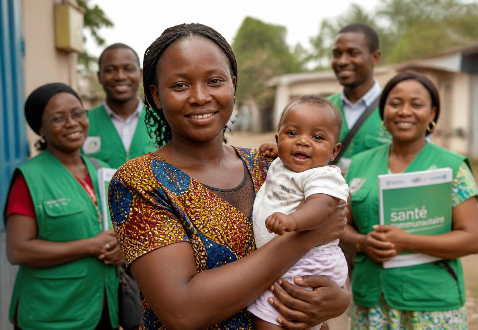 Mère congolaise portant son bébé, entourée d'une équipe de relais communautaires